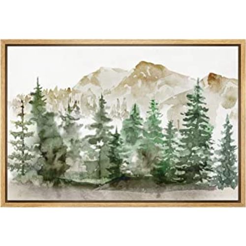 wall26 Framed Canvas Print Wall Art Woodland Nursery Decor Watercolor Mountain Forest Landscape Nature Wilderness Illustrations Modern Rustic Scenic for Living Room, Bedroom, Office - 16x24 Natural