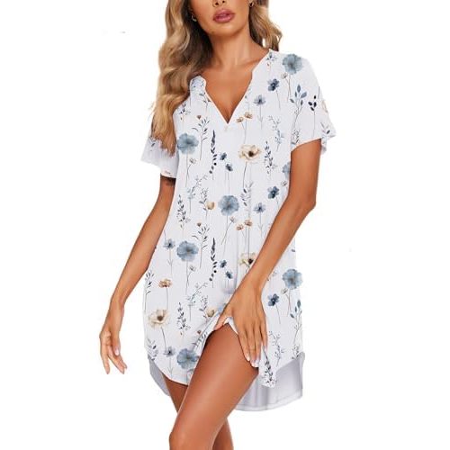 Ekouaer Women V Neck Button Down Nightgown