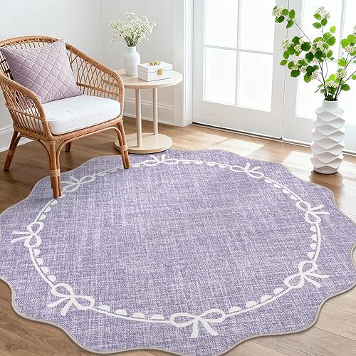 GarveeHome Scalloped Bow Rug for Living Room, 6ft Round Rugs Washable Solid Purple Rug for Dorm Soft Low Pile Non Slip Scalloped Rugs for Nursery Bedroom Decor Kids Room Playroom