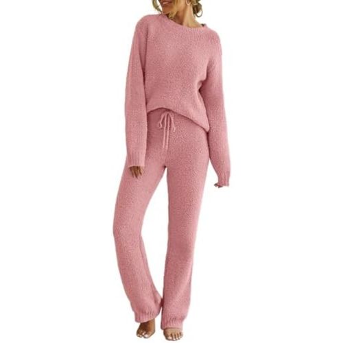 MEROKEETY Womens Fuzzy Fleece Long Sleeve 2 Piece Loungewear Outfits Sweater Pants Pajama Sets