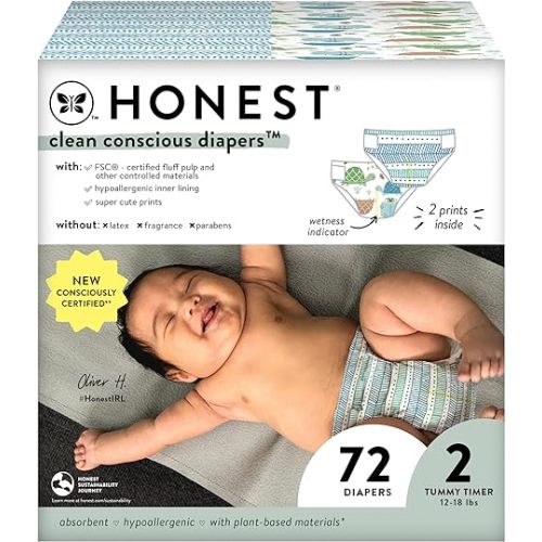 The Honest Company Clean Conscious Diapers for Sensitive Skin | Hypoallergenic, Fragrance Free | Gender Neutral Prints | Club Box, Size 2 (12-18 lbs), 72 Count (Prints May Temporarily Vary)
