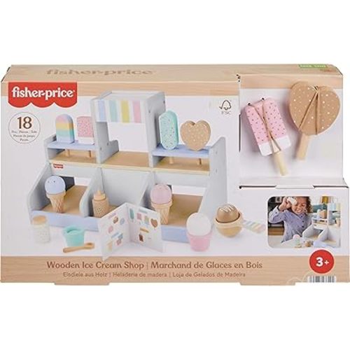 Fisher-Price Preschool Toy Wooden Ice Cream Shop Playset, 18 Wood Pieces for Pretend Play Ages 3+ Years