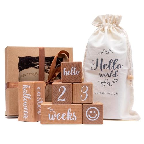 Monthly Baby Milestone Blocks Set of 6 Baby Age Blocks for Monthly Milestone Baby Age Milestone Signs Wooden Baby Photo Props Set Perfect for Baby Shower and Keepsake (Gift Set 6 PCS) - wood color 6pcs