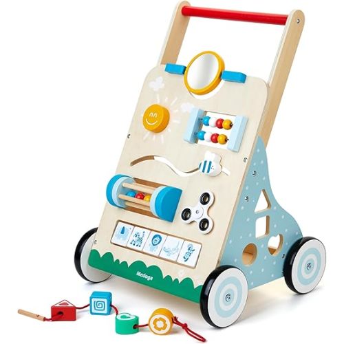 Wooden Baby Walker, 10 in 1 Baby Activity Center Walker Adjustable Wood Toddler Walker Push Walker Toy for Boys and Girls (BW001)