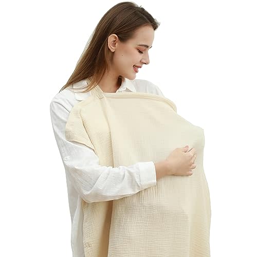 Kloovete Muslin Nursing Cover for Baby Breastfeeding, Breathable Soft Muslin Cotton Breastfeeding Apron & Shawl with Wooden Hoop for Mother Nursing Apron, Multi-use Car Seat Stroller Cover