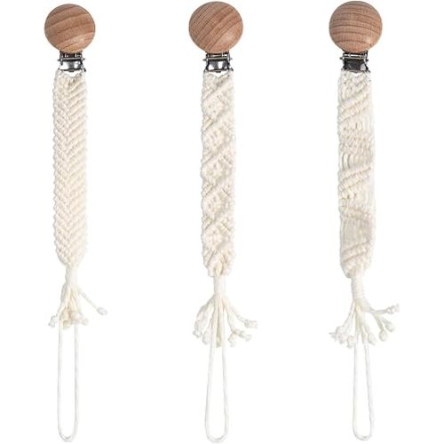 Boho Pacifier Clip for Boys Girls Pacifier Holder Leash Wooden Clips Handmade Braided Cotton Unisex Baby Shower Birthday Gift Christmas Gift (Pattern 8)