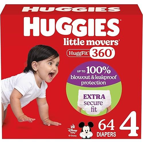 Huggies Size 4 Baby Diapers, Little Movers HuggFit 360° Baby Diapers with 360° Waistband, Size 4 (22-37 lbs), 64 Count, Packaging May Vary