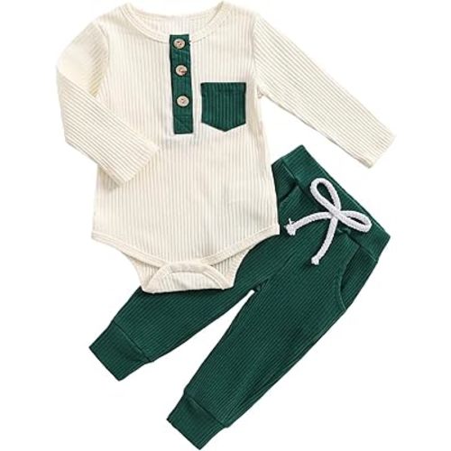 fhutpw Baby Boy Clothes 3 6 12 18 Months Ribbed Knitted Long Sleeve Romper and Pants Sets Newborn Fall Splicing Color Outfits