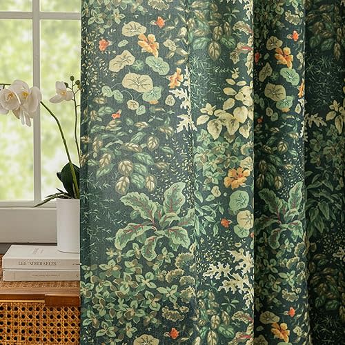 Green Floral Curtains 84 Inches Long 2 Panels Vintage Cottagecore Botanical Curtains for Living Room, Grommet Privacy Semi-Sheer Linen Drapes Hunter Green Leaf Pattern Country Curtain, 50 x 84 Inch
