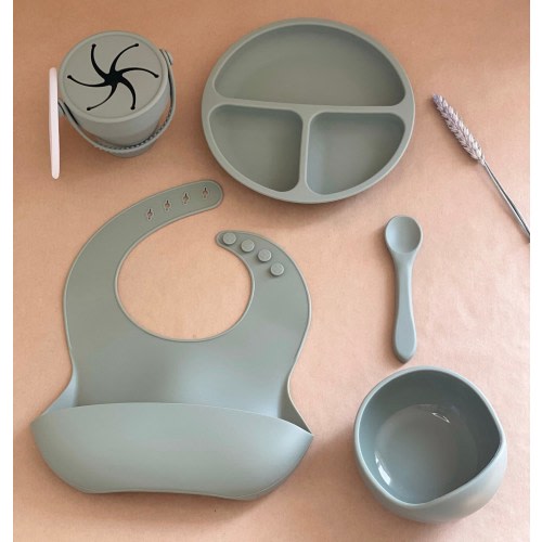 Waterproof Silicone Baby Set - (Bib + Bowl + Plate + Spoon + Snack Cup)