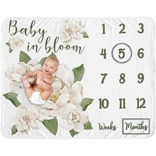 Sweet Jojo Designs Sage Green Boho Flower Floral Girl Baby Milestone Blanket Newborn Monthly First Year Photo Growth Infant Memory Gift Set Shabby Chic Bohemian Ivory Wildflower Elegant Magnolia