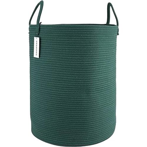 Cotton Rope Laundry Basket Hamper for Clothes Woven Storage Basket for Living Room Bedroom Boho Tall Rope Baskets for Blanket Toys Pillow Towels Baby Nursery Hamper Bin Large dark green