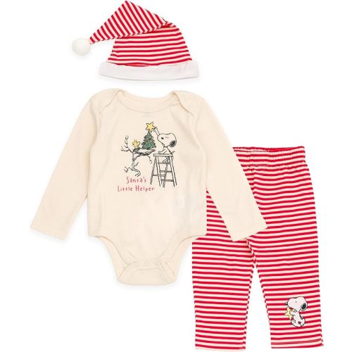Peanuts Christmas Baby Bodysuit, Pants and Velour Santa Hat 3 Piece Outfit Set