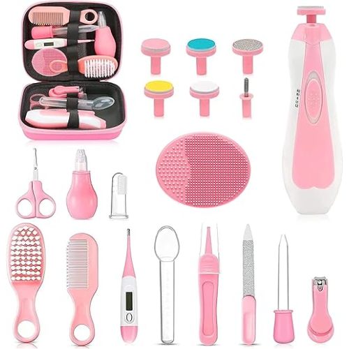 Baby Healthcare and Grooming Kit, 26 in 1 Portable Baby Safety Care Set with Hair Brush Comb Nasal Aspirator Electric Nail Trimmer Set Baby Essentials kit for Newborn Boys Girls (Pink)