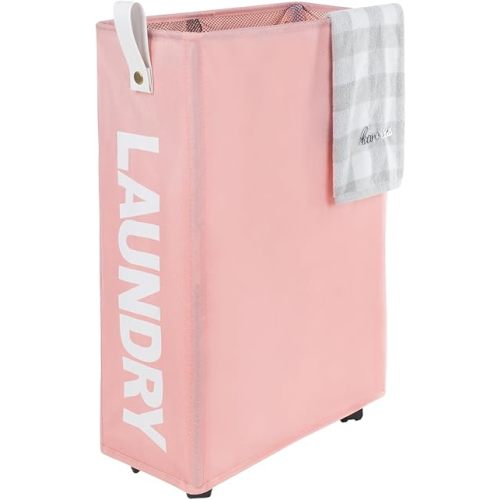 Caroeas 26" Rolling Laundry Basket Slim with Handle on Wheels, Foldable Laundry Hamper, Collapsible Laundry Bag and Organizer, Tall Thin Storage Basket Bin (Pink)