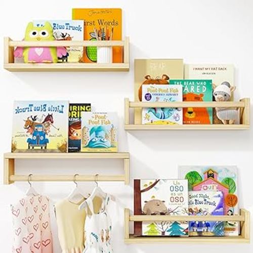 Fixwal Nursery Book Shelves, 16.5 Inch Floating Nursery Bookshelves, Set of 4, Wall Bookshelf for Kids Solid Wood Wall Mounted Shelves for Books,Toys and Decor Storage (Natural Wood)