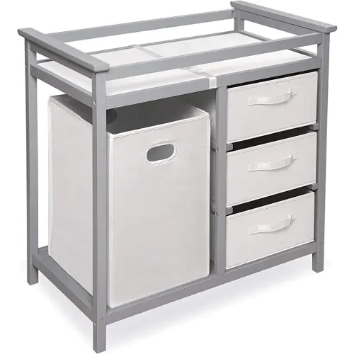 Badger Basket Modern Baby Changing Table with Laundry Hamper, 3 Storage Drawers, and Pad - Gray