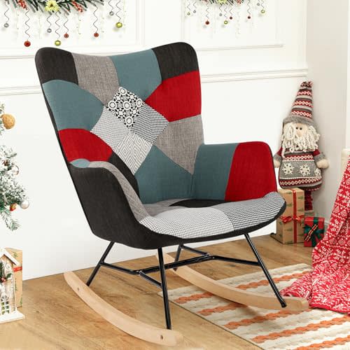 LSSPAID Rocking Chair Nursery Set of 1, Multi Color Upholstered Glider Rocker with High Backrest Armchair Comfy Modern Accent Chair for Living Room, Bedroom