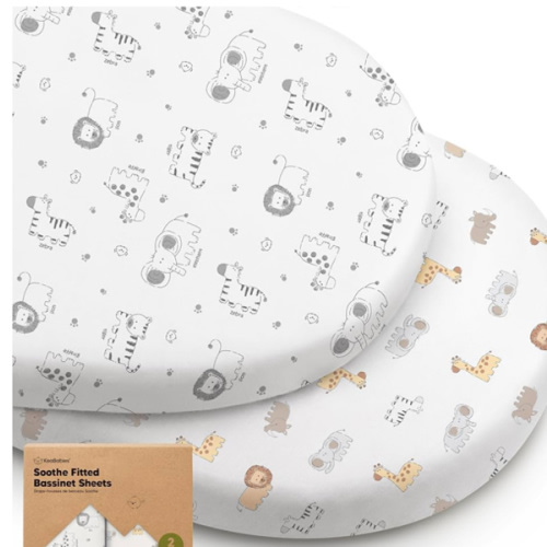 2-Pack Organic Bassinet Sheets for Girls, Boys - 100% Cotton Bassinet Mattress Sheets Compatible with Halo Bassinest Swivel Sleeper, Graco, Baby Delight, Chicco, Fitted Bassinet Sheets (KeaSafari)