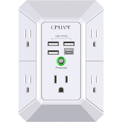 Wall Charger, Surge Protector, QINLIANF 5 Outlet Extender with 4 USB Charging Ports (4.8A Total) 3-Sided 1680J Power Strip Multi Plug Adapter Spaced for Home Travel Office (3U1C)