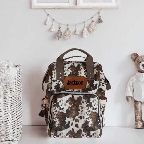 Cowhide Personalized Multifunctional Diaper Backpack - Western Style, Customizable Bag for Moms, Baby Shower Gift, Cow Print Diaper Bag