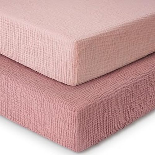 Muslin Crib Sheets for Girl Boy, 100% Cotton Baby Crib Sheets for Standard Crib and Toddler Mattress 52"x28", 2 Pack Soft Breathable Fitted Crib Mattress Sheet, Gradient Pink
