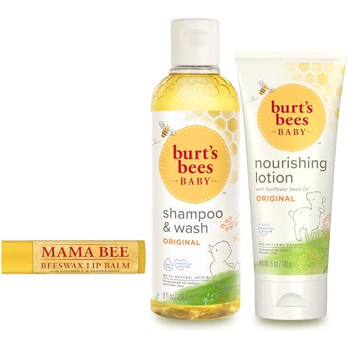 Burts Bees Baby & Mom Gift Set Joyful Moments with 3 Gentle Skin and Hair Care Products: Baby Shampoo and Wash, Baby Lotion, and Moms Bees Beeswax Natural Lip Balm