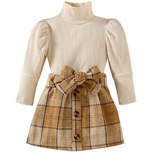 Fernvia Toddler Baby Girl Fall Winter Skirt Set Turtleneck Ribbed Long Sleeve T-Shirt Top & Plaid Skirts Dress 2Pcs Outfits