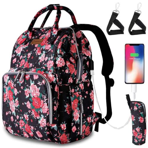 Floral Diaper Bag Backpack with USB Charging Port Stroller Straps and Insulated Pocket, Travel Bag Nappy Backpack For Women/Mum (Red Flower Pattern)