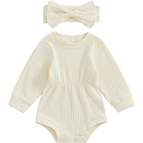 Newborn Baby Girl Clothes Solid Color Ribbed Romper Long Sleeve Onesie Jumpsuit Infant Girl Fall Winter Outfits