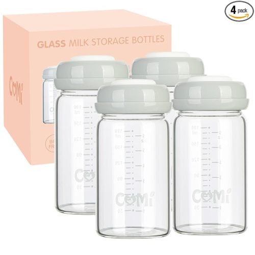 COMI Natural Glass Baby Bottle,Breastmilk Storage Bottle for Fridge,Wide Neck Breast Milk Container with Dome Cap,Fits Breast Pumps & Nipples,BPA Free,4PCS (6oz,4 Gray Lids)