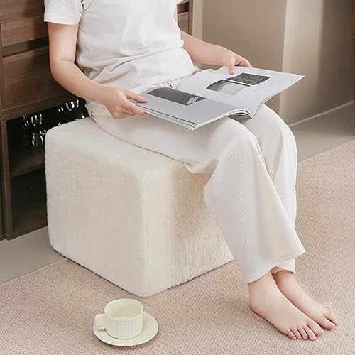 Tiita Square Stuffed Pouf Ottoman, Plush Poufs with Foam Chunk Filling, Foot Rest Stool for Living Room, Cream