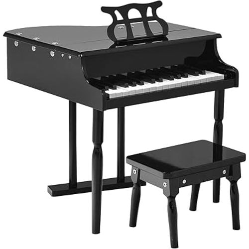 Goplus 30-Key Classical Kids Piano, Mini Grand Piano Wooden Learn-to-Play Musical Instrument Toy with Bench, Piano Lid, Music Rack, Gift for Boys Girls Aged 2+ Baby Tollder(3 Straight Leg-Black)