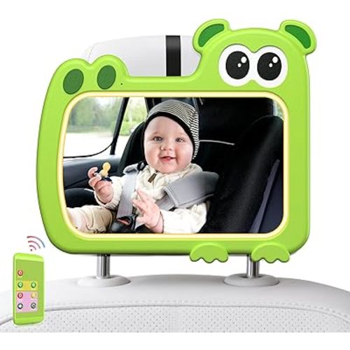 2-in-1 Baby Car Mirror with Lights & Soft Sounds, Cry Detector, Clear Night View, 360° Rotation, Shatterproof, Rear Facing Baby Car Seat Mirror with Remote Control, Perfect Baby Shower Gifts (Green)