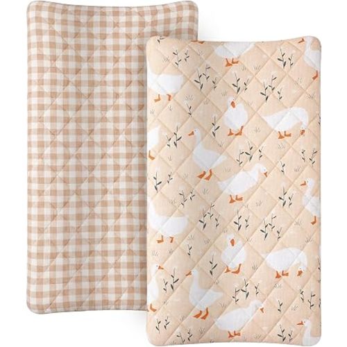 Frienda 2 Pack Goose Changing Pad Covers Waterproof Muslin Changing Pad Covers 32 x 16 Inch Quilted Cotton Fitted Diaper Sheet Breathable Extra Thick Sheets
