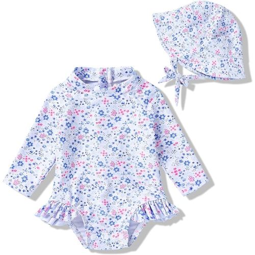 Infant Baby Girl Swimsuit One-Piece Long Sleeve Rash Guard with Hat Set Floral Zipper Bathing Suit Leopard Beach Wear - 0-3 Months - Flower#2