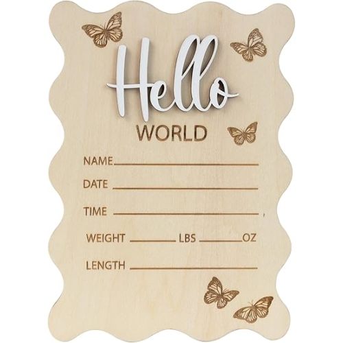 Hello World Baby Birth Stats Sign, 6.2 inches, Wood Engraved Hospital Announcement Board with Flower (BB79)