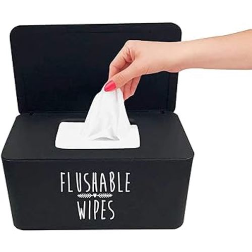 Baby Wipes Dispenser for Bathroom, Upgrade Size(8.2L x 4.9W x 3.9H inches), Flushable Wipes Dispenser Black Wipes Holder Container Box with Large Capacity (Flushable Wipes Holder(Black))