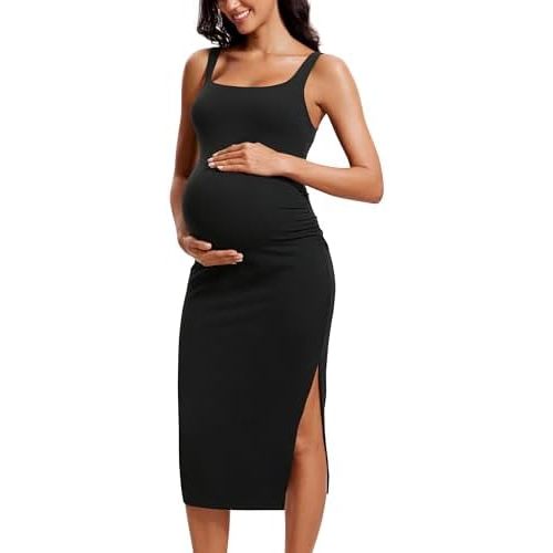 CRZ YOGA Women Butterluxe Sleeveless Tank Maternity Dress Split Ruched Pregnancy Square Neck Bodycon Casual Baby Shower