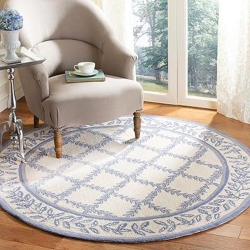 SAFAVIEH Chelsea Collection Area Rug - 8' Round, Ivory & Light Blue, Hand-Hooked French Country Wool, Ideal for High Traffic Areas in Living Room, Bedroom (HK230A)
