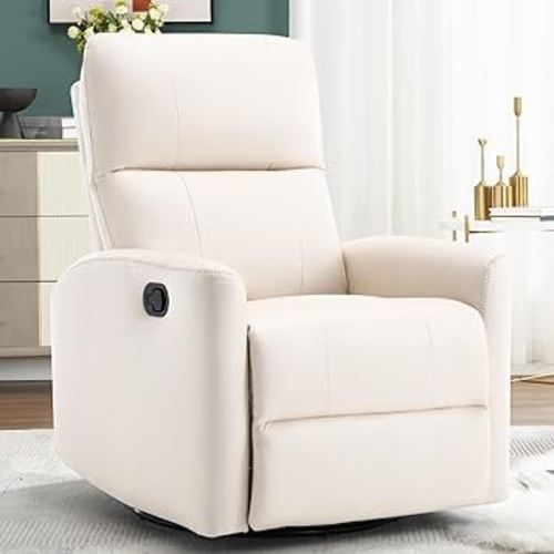 Swivel Rocker Recliner Chair, Manual Faux Leather Glider Rocking Recliners for Adults, 360° Swivel Nursery Reclining Sofa with Padded Backrest for Living Room, White