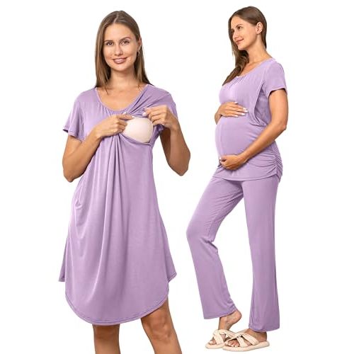 SUNNYBUY Women 3 PCS Maternity Nursing Nightgown Dress & Short Sleeve Breastfeeding Top & Pregnancy Pants Sleepwear Set