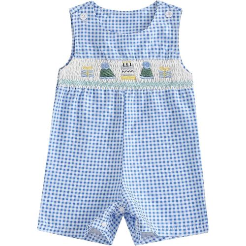 Baby Boy Birthday Smocked Overalls Romper Sleeveless Round Neck Embroidery Bodysuit Easter Newborn Clothes
