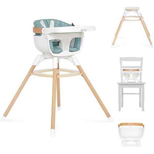 Evolur Ann Beechwood 4-in-1 Highchair | 360 Seat Rotation | Booster seat | Floor Chair | Bar Stool Chair | 5 Point Safety Harness | Blue