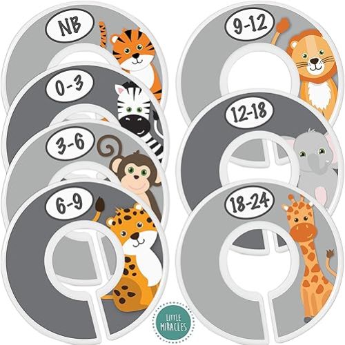 Safari Nursery Closet Size Dividers - 7X for Baby Clothes - Elephant Giraffe Zebra Lion Monkey Decor - for Boy or Girl - [Safari] [Grey/Gray]