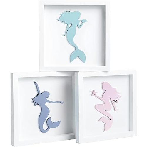 Tide and Tales Elegant 3D Mermaid Wall Decor, Framed Wooden Set of 3 Silhouettes in Pastel Colors, Mermaid Bathroom Decor, Ocean Room Decorations for Girls Bedroom, Ocean Wall Art