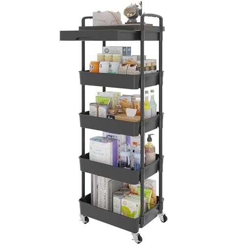 Calmootey 5-Tier Rolling Utility Cart with Drawer,Multifunctional Storage Organizer with Plastic Shelf & Metal Wheels,Storage Cart for Kitchen,Bathroom,Living Room,Office,Black