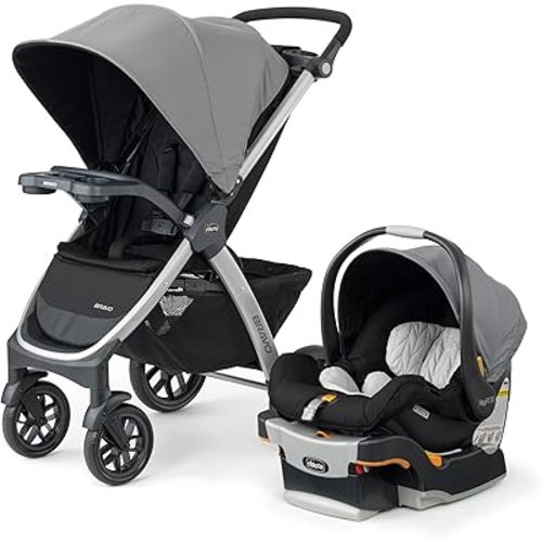 Chicco Bravo 3-in-1 Trio Travel System, Quick-Fold Stroller with KeyFit 30 Infant Car Seat and base | Camden/Black