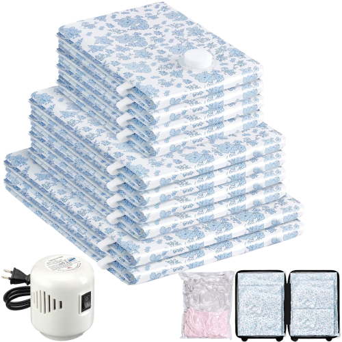 Livhil 10 Combo Vacuum Storage Bags with Electric Pump, Reusable Travel Vacuum Storage Bags for Clothes Compression, Space Saver Travel Essentials (Blue flower)