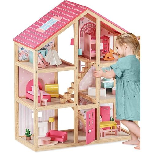Tiny Land Wooden Dollhouse for Girls - 6 Rooms Wooden Doll House, DIY Pretend Doll House with 31Pcs Furniture Accessories, Creative Gift for Girl Ages 3+